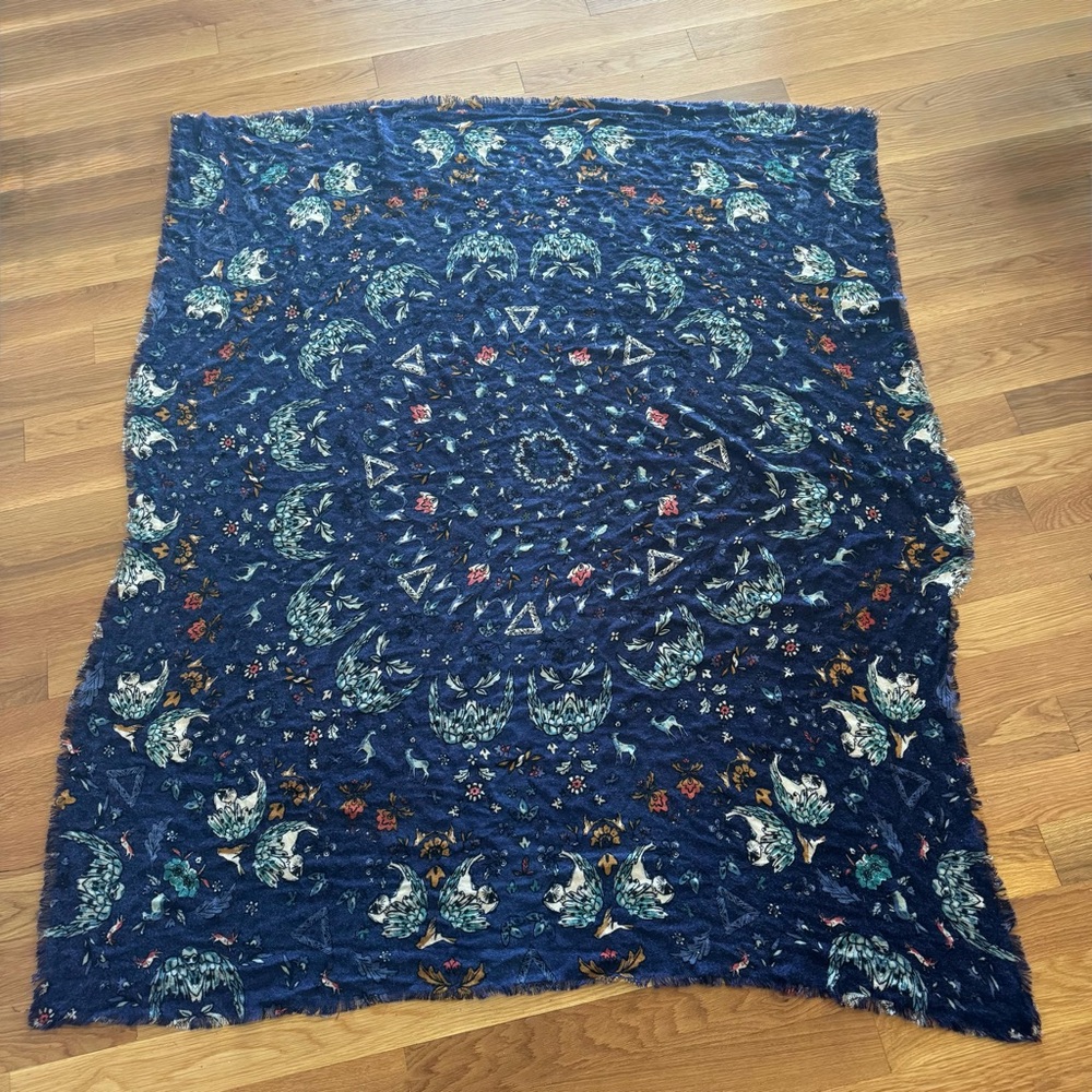 Hinge Bird & Deer Floral Mandala Fringe Wrap Navy Boho Blanket Scarf Nordstrom